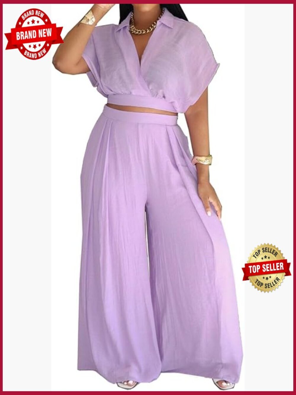 Linen 2 Piece Outfit: Wrap V Neck Crop Top & Wide Leg Pants Set